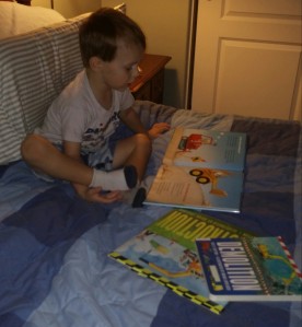 Tahoe enjoys looking over the books I have read to him and retelling the stories to himself.